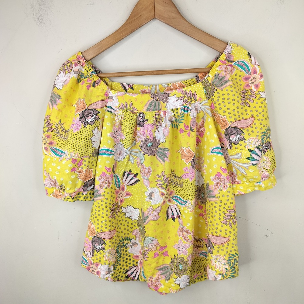 LOFT Floral Top Blouse Small Puff Sleeve Yellow Pink Linen Art Feminine Cute